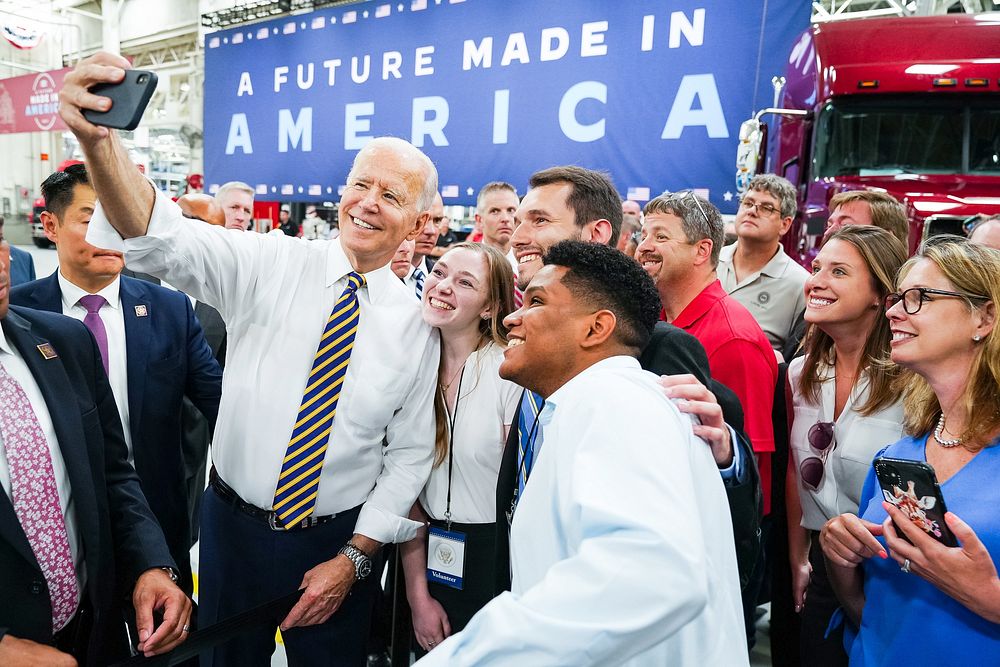 President Joe Biden takes a selfie with guests following his remarks on Wednesday, July 28, 2021, at the Mack-Lehigh Valley…