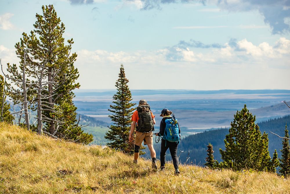 Two people walk through grass high above the plains. Original public domain image from Flickr