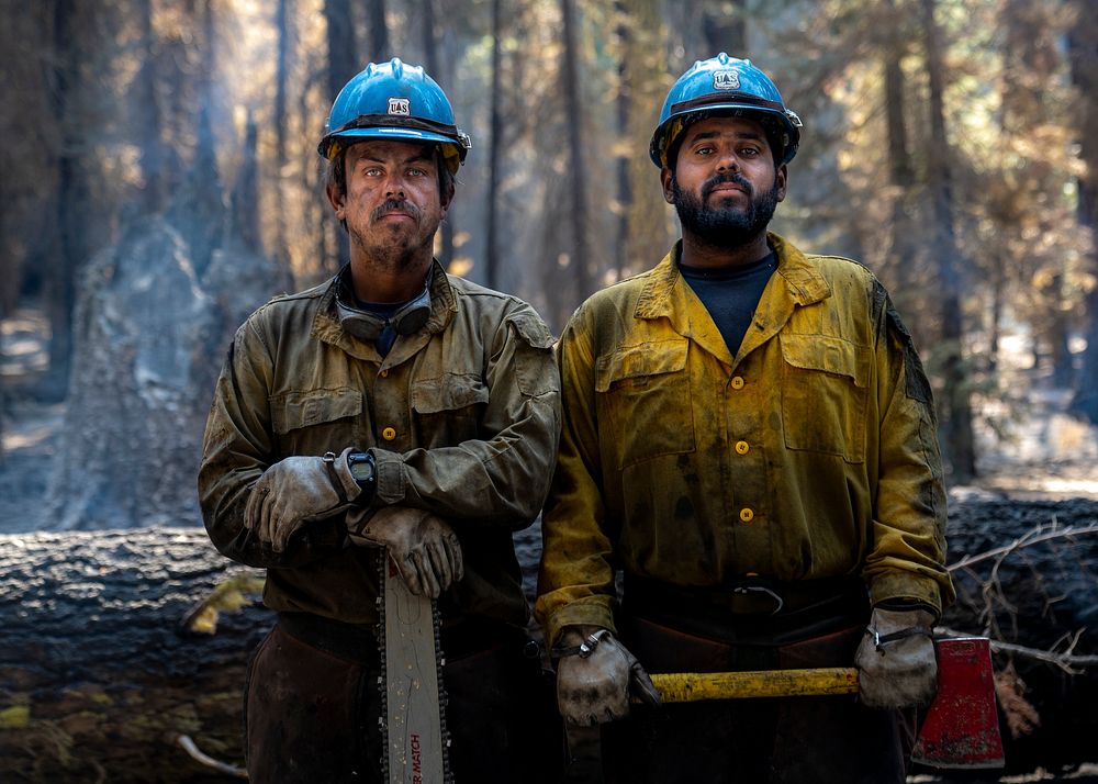 John Paul Taylor and Kevin Aquiree, Sierra Hot Shots sawyers, conduct mop up duties on the Caldor Fire, El Dorado National…