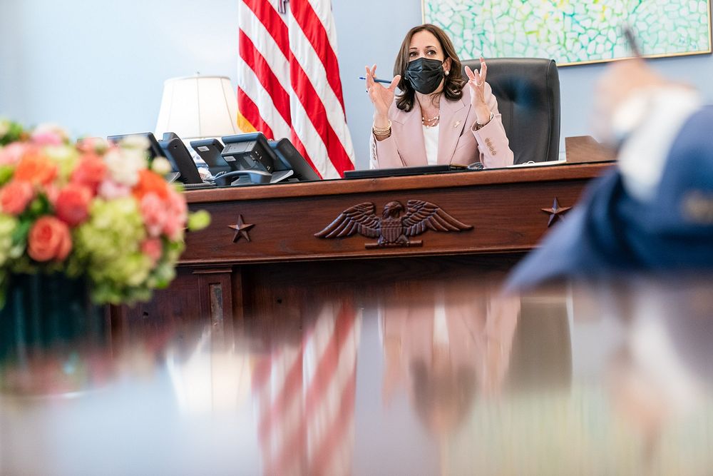 Vice President Kamala Harris participates in a head of state call with Mexico’s President Andrés Manuel López Obrador in her…