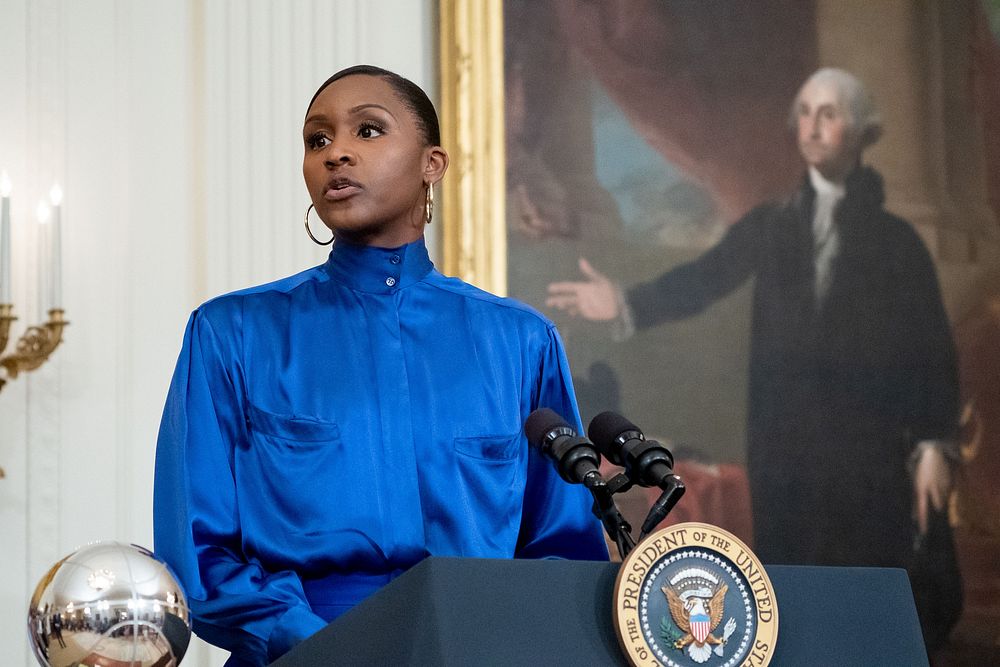 Crystal Langhorne, former Seattle Storm player and Director of Community Engagement, delivers remarks at a White House event…