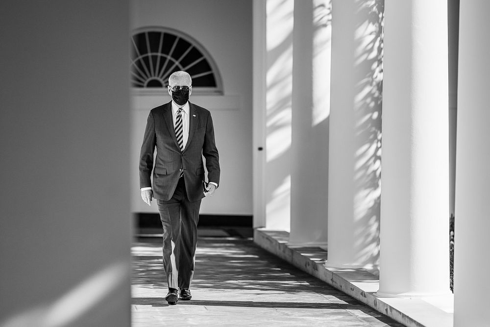 President Joe Biden walks along the Colonnade of the White House, Wednesday, Aug. 25, 2021, to the Oval Office. (Official…