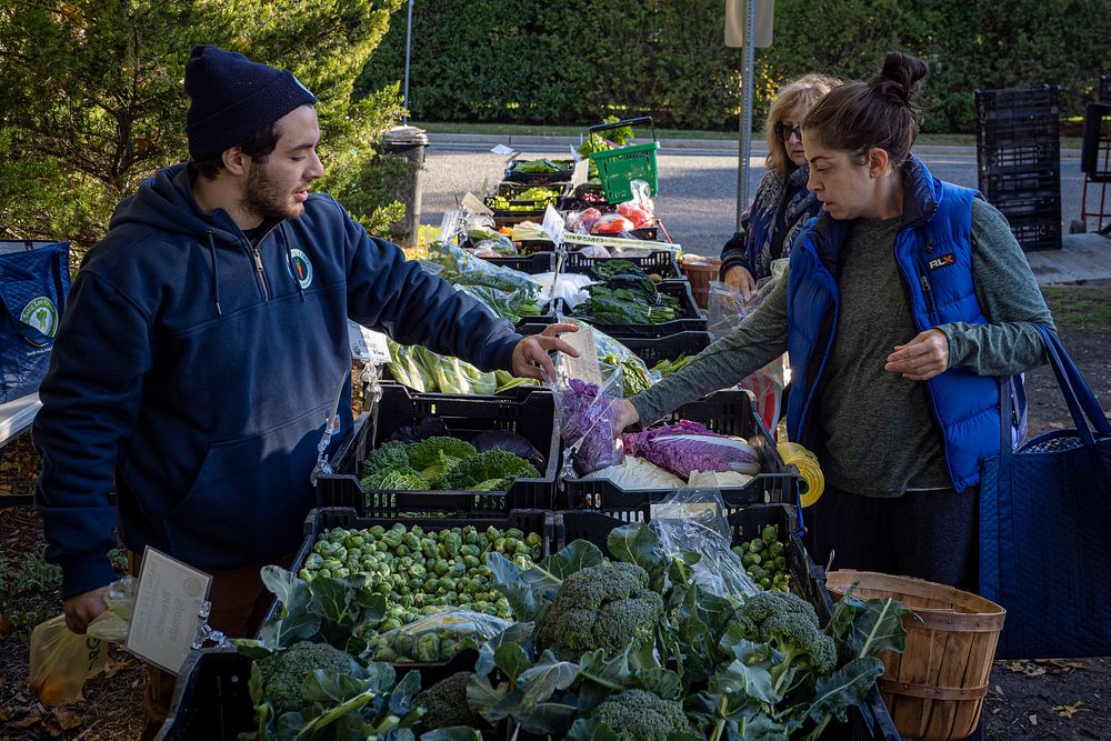 Sang Lee Farms Primary Manager Lucy Senesac and her team participate in the Westhampton Beach Farmers Market, New York…