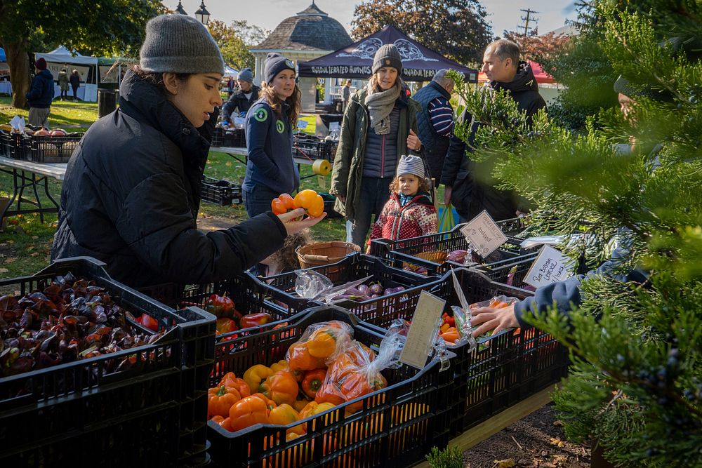 Sang Lee Farms Primary Manager Lucy Senesac and her team participate in the Westhampton Beach Farmers Market,, New York…