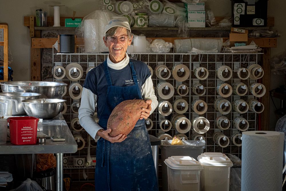 A member of the Sang Lee Farms kitchen staff holds a sweat potato weighing more than eight pounds, in Peconic, New York…