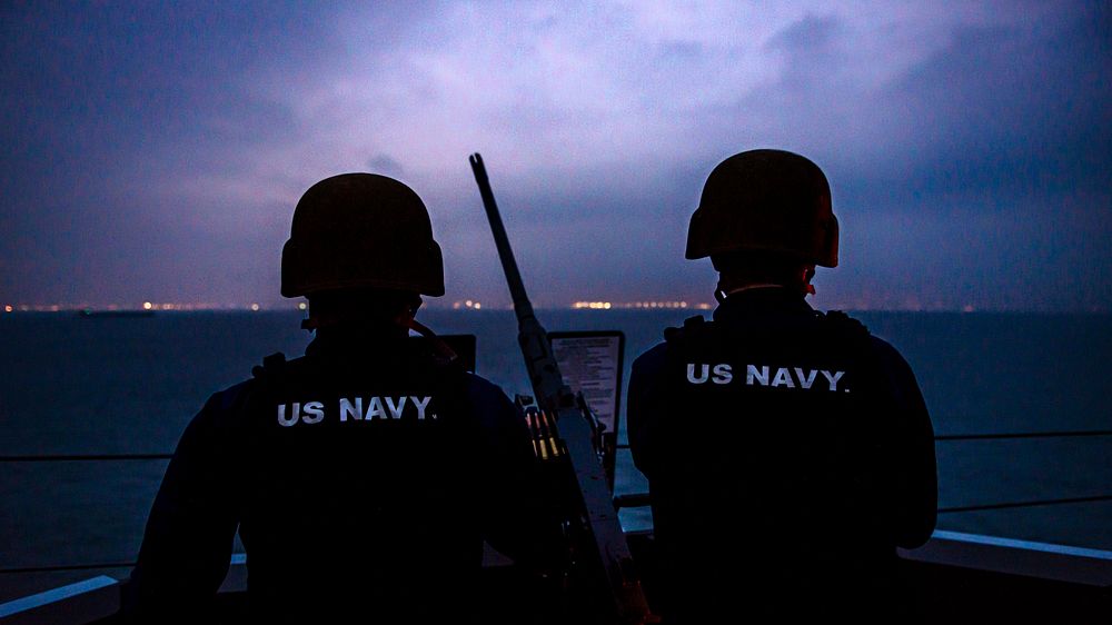 SEA OF MARMARA. Sailors stand small craft attack team watch aboard the Blue Ridge-class command and control ship USS Mount…