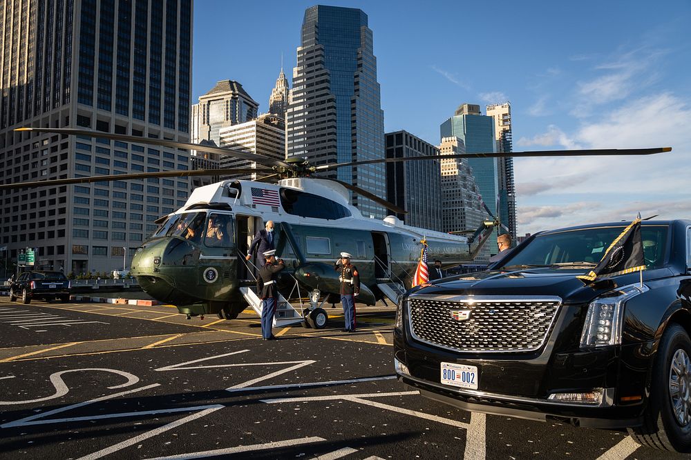 Marine One Lands and President Joe Biden disembarks at the Wall Street landing zone in New York City, Monday, September 20…