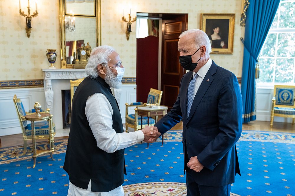 President Joe Biden greets India Prime Minister Narendra Modi, Friday, September 24, 2021, in the Blue Room of the White…