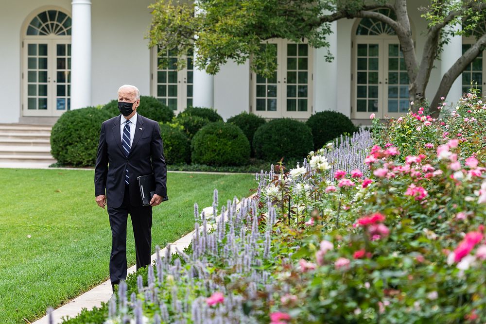 President Joe Biden walks through the Rose Garden of the White House, Thursday, September 9, 2021, on his way to the State…
