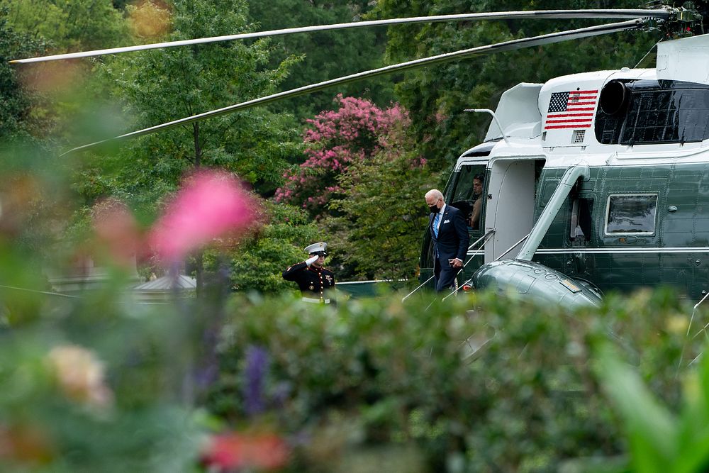 President Joe Biden disembarks Marine One on the South Lawn of the White House Tuesday, September 21, 2021, following his…