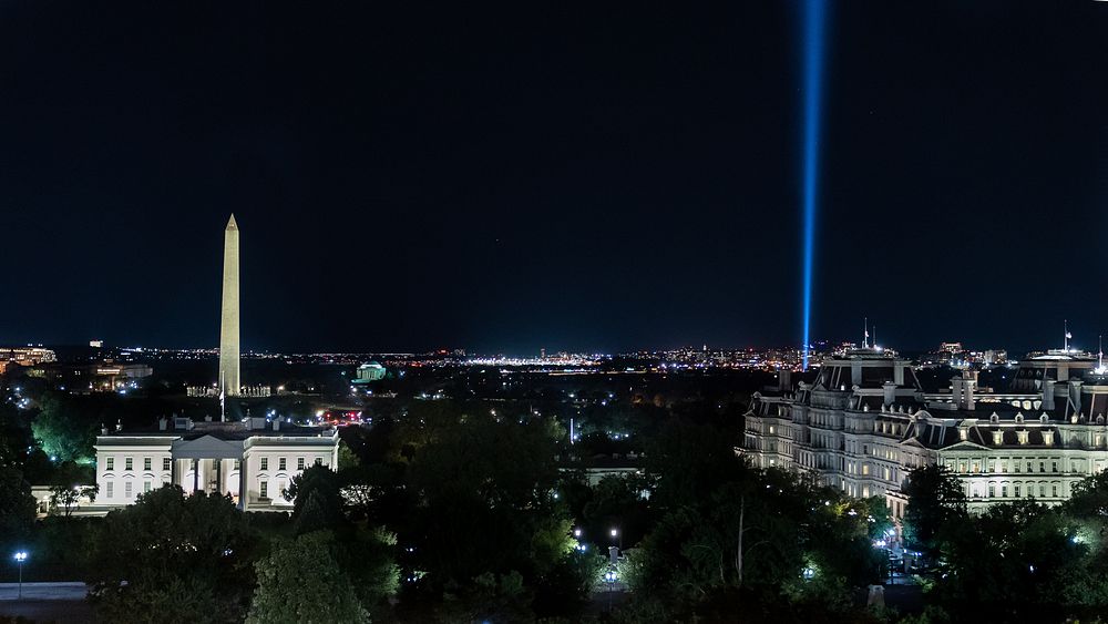 The "Tower of Light" Tribute commemorating the 9/11 attack on the Pentagon is seen behind the White House Saturday…