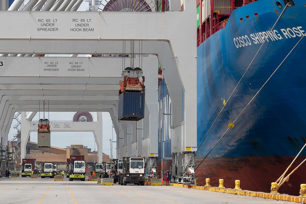 Containers are lifted off a container ship by quay cranes, at the Port of Savannah.