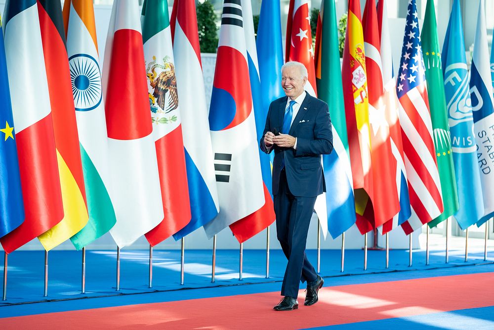 President Joe Biden arrives at La Nuvola Convention Center in Rome for the G20 summit, Saturday, October 30, 2021. (Official…