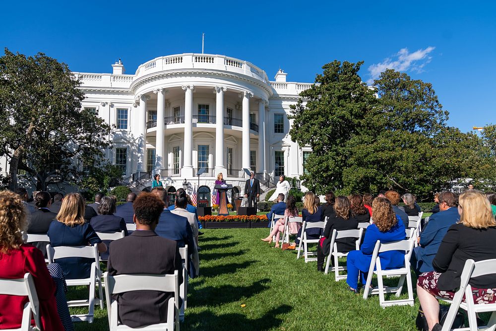 First Lady Jill Biden delivers remarks at a State Teachers of the Year even Monday, October 18, 2021, on the South Lawn of…