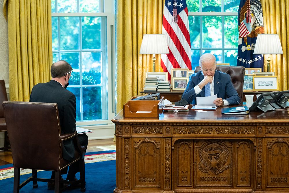 President Joe Biden meets with National Security Adviser Jake Sullivan, Tuesday, October 19, 2021, in the Oval Office.…