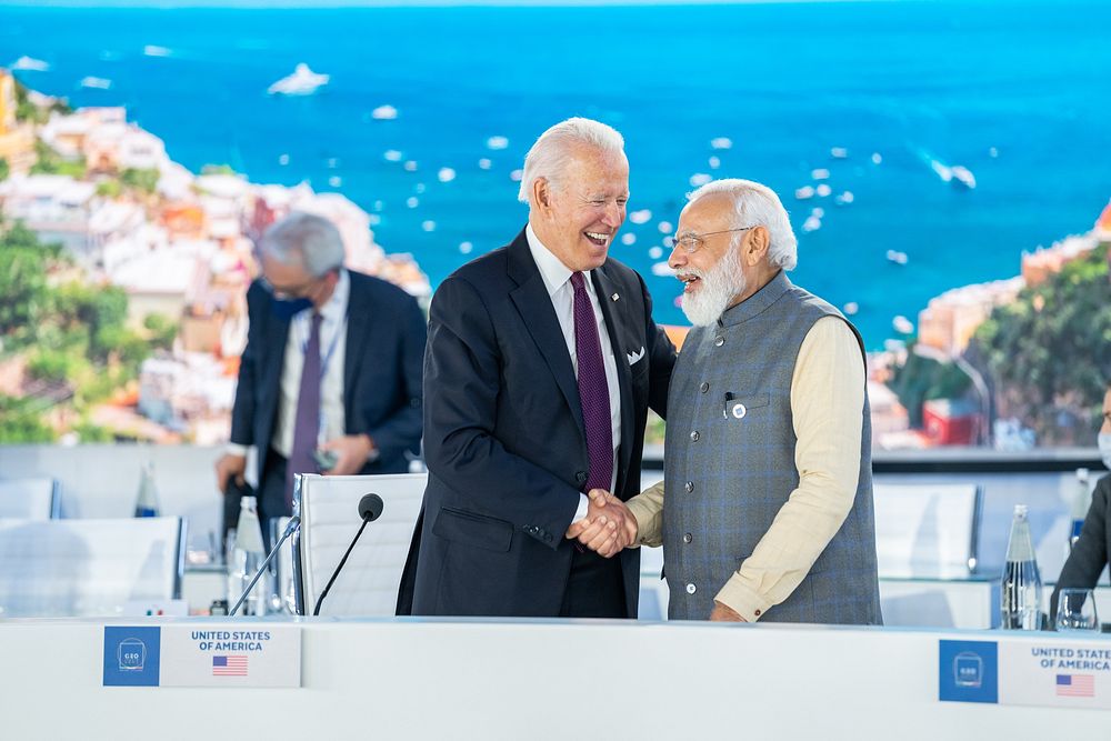 President Joe Biden greets India Prime Minister Narendra Modi at the Global Summit on Supply Chain Resilience Sunday…