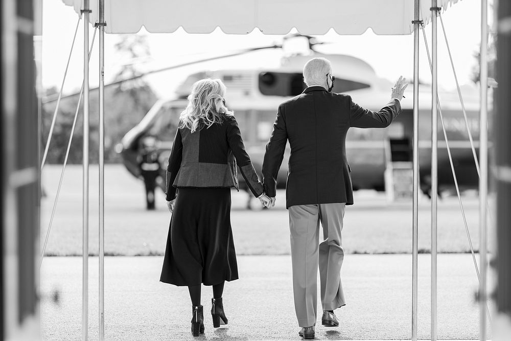President Joe Biden and First Lady Jill Biden board Marine One on the South Lawn of the White House en route to Joint Base…
