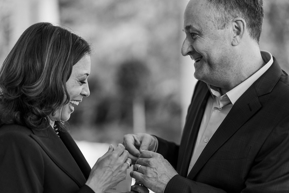 Vice President Kamala Harris and Second Gentleman Douglas Emhoff, joined by their family and Rabbi Peter Berg of The Temple…