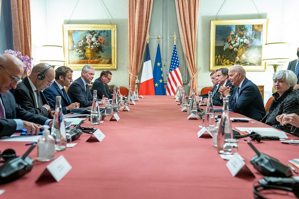 President Joe Biden participates in a bilateral meeting with French President Emmanuel Macron, Friday, October 29, 2021, at…