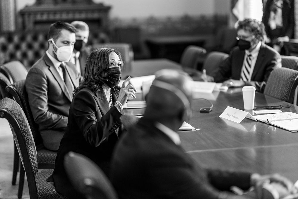 Vice President Kamala Harris participates in a supply chain meeting in the Eisenhower Executive Office Building, Wednesday…