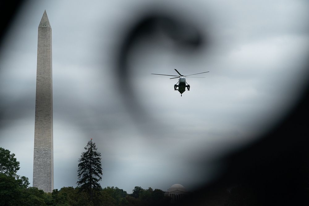 Marine One approaches the South Lawn of the White House on October 11, 2021, after President Biden and First Lady Jill…