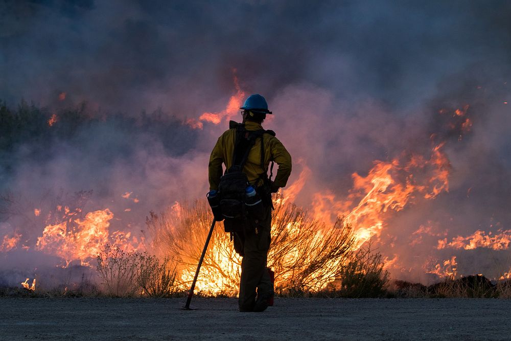 A USFWS firefighter monitors a prescribed fire in Browns Park National Wildlife Refuge in 2021. Original public domain image…