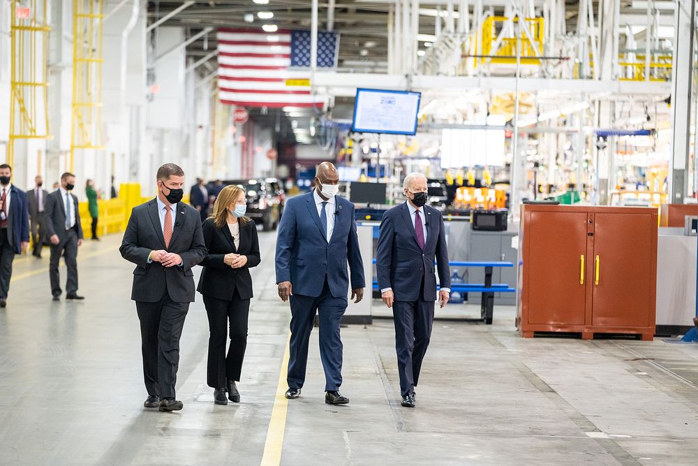President Joe Biden tours the General Motors’ Factory ZERO Facility in Detroit with Labor Secretary Marty Walsh, UAW…
