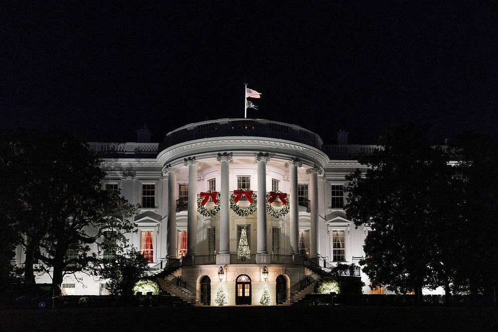 The White House is seen decorated for the holidays on Monday, November 29, 2021. (Official White House Photo by Cameron…