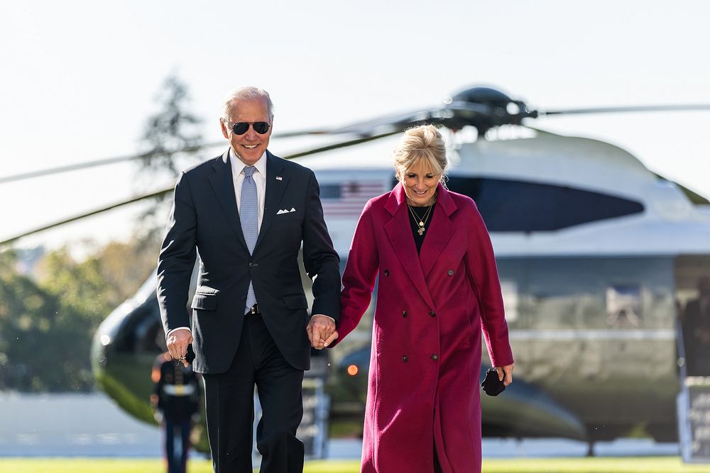 President Joe Biden and First Lady Jill Biden disembark Marine One and walk across the South Lawn of the White House…