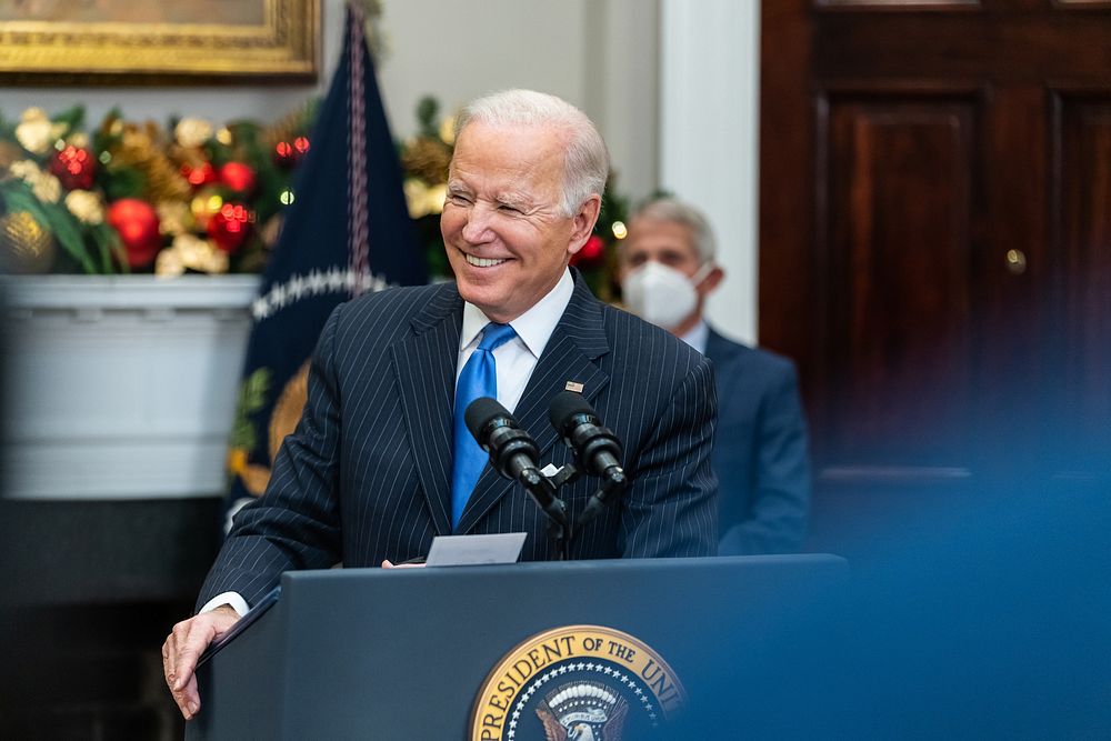 President Joe Biden makes remarks to the press in the Roosevelt Room of the White House, Monday, November 29, 2021.…
