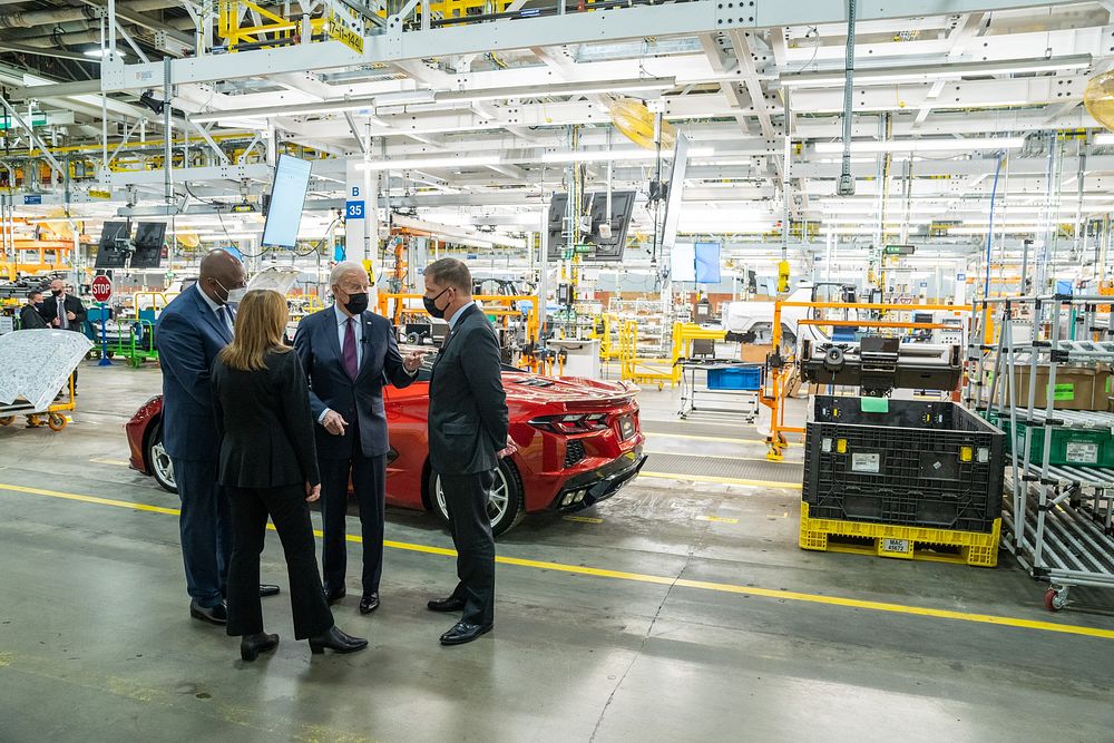 President Joe Biden tours the General Motors’ Factory ZERO Facility in Detroit with Labor Secretary Marty Walsh, UAW…