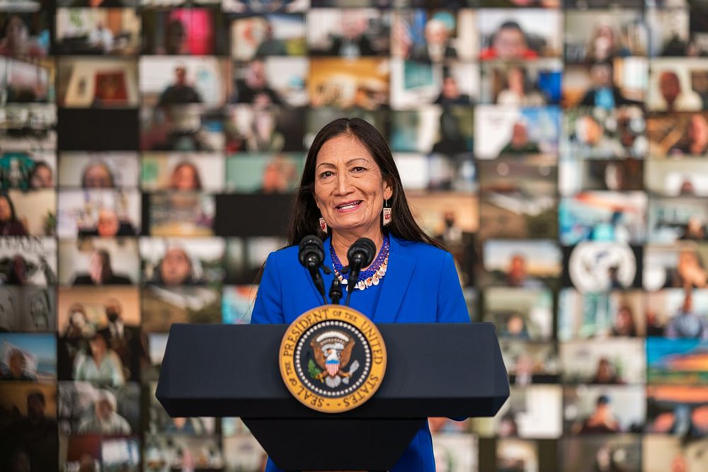 Secretary of the Interior Debra Holland delivers remarks Monday, November 15, 2021, during a Tribal Nations Summit in the…