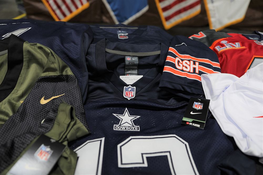Counterfeit NFL merchandise sit on display awaiting a U.S. Customs and Border Protection media event held ahead of Super…