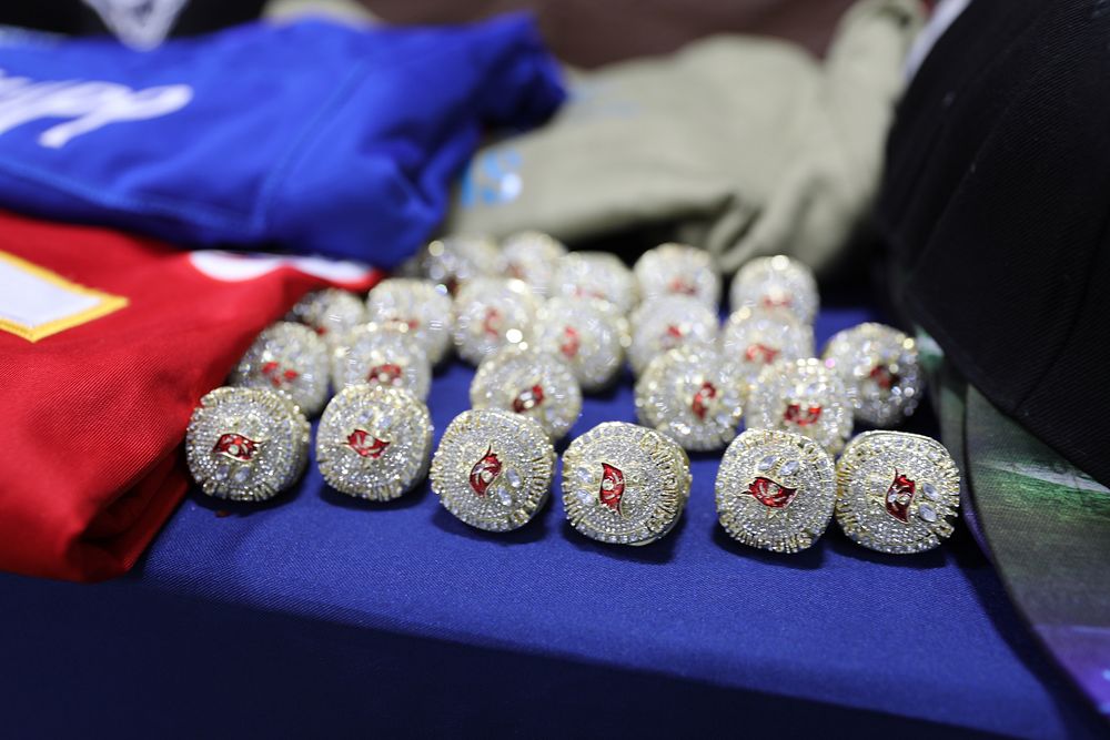 Counterfeit NFL Championship rings are set up for display a day prior to a U.S. Customs and Border Protection media event…