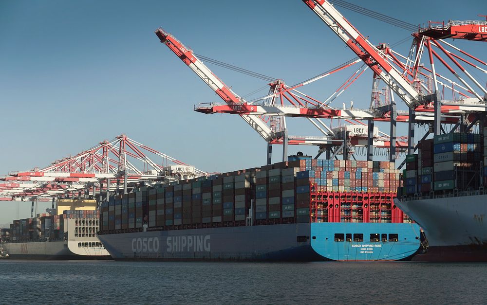 Ships sit at the pier at the Port of Long Beach, Calif., as U.S. Customs and Border Protection, Air and Marine Operations…