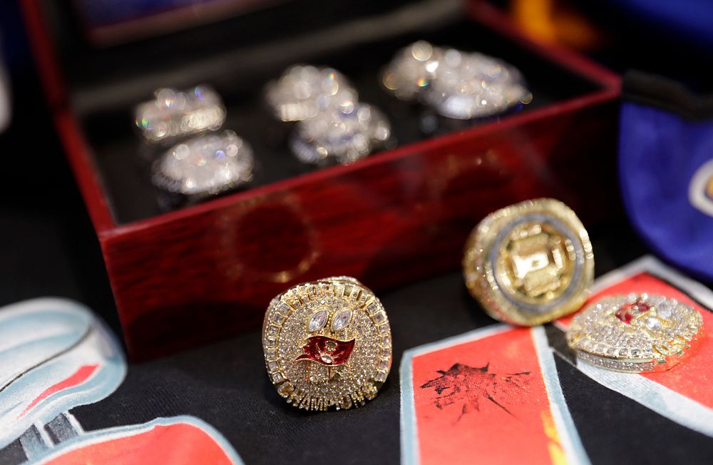 Counterfeit NFL Championship rings are displayed as U.S. Customs and Border Protection participates in a press conference to…