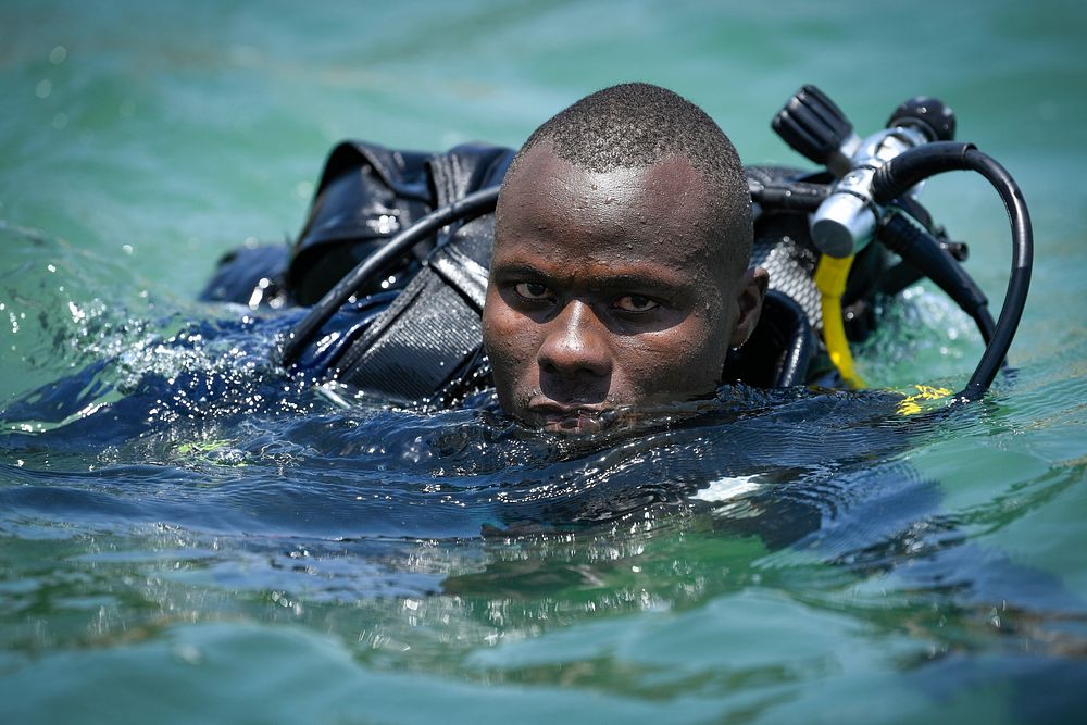 MOMBASA, Kenya (Feb. 16, 2022) Kenyan diver Anthony Macharia conducts dive training at exercise Cutlass Express 2022 in…