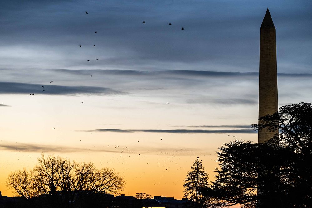 A sunrise view of the Washington Monument is seen from the South Grounds of the White House, Tuesday, December 7, 2021.…