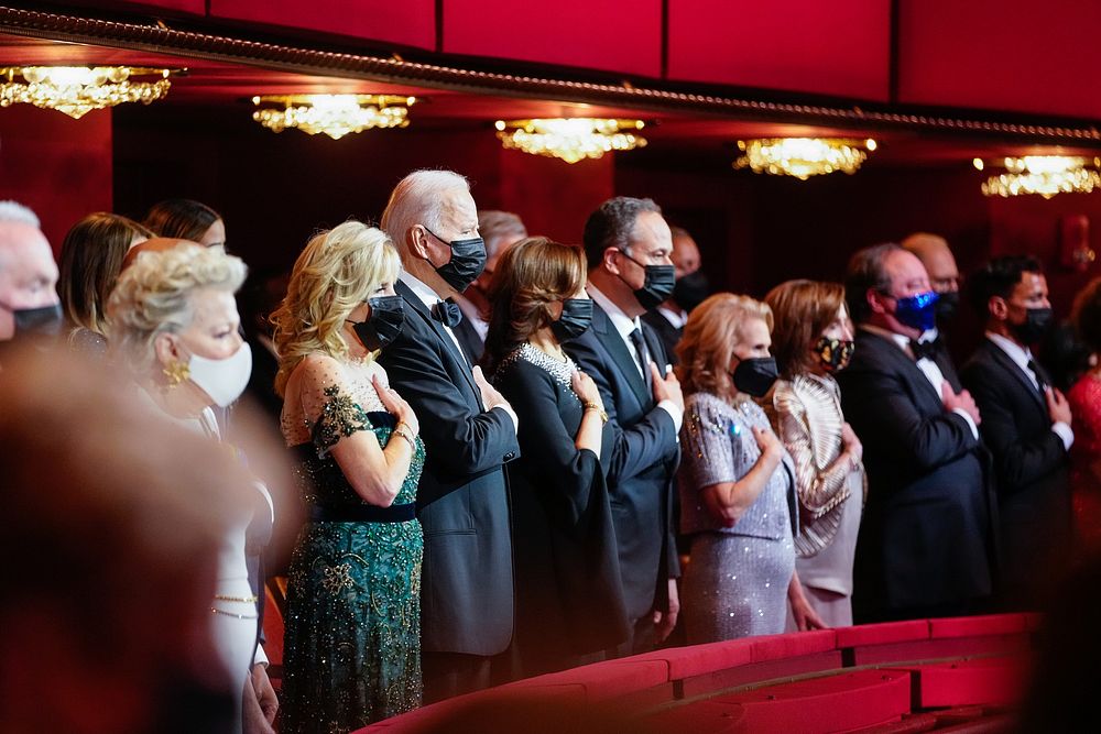 President Joe Biden and First Lady Jill Biden stand for the National Anthem at the Kennedy Center Honors celebrating the…