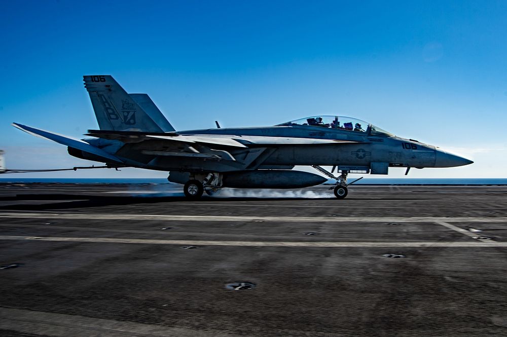 220221-N-DH793-1018 ADRIATIC SEA (Feb. 21, 2022) An F/A-18F Super Hornet, attached to the “Red Rippers” of Strike Fighter…