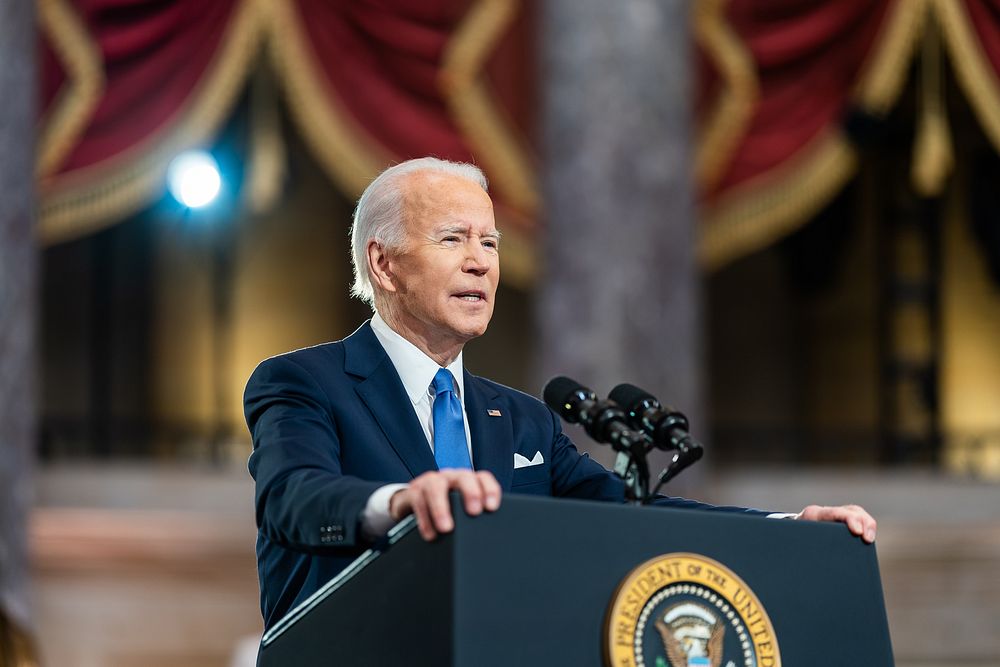 President Joe Biden delivers remarks in National Statuary Hall on the one-year anniversary of the January 6 attack on the…
