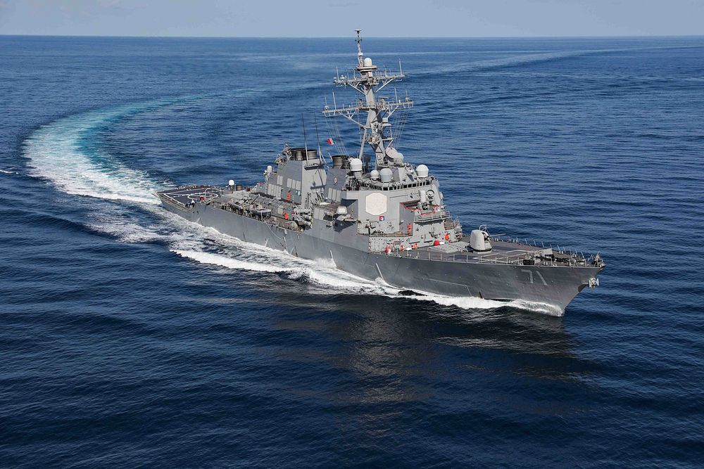 The Arleigh Burke-class guided-missile destroyer USS Ross (DDG 71) transits the Mediterranean Sea.