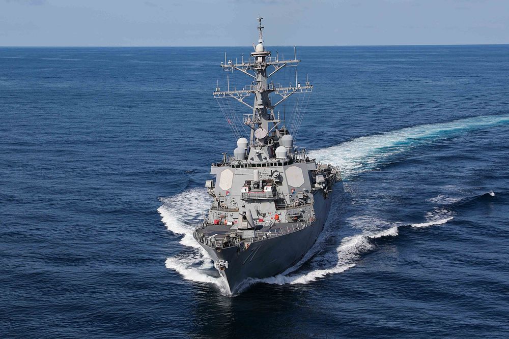 The Arleigh Burke-class guided-missile destroyer USS Ross (DDG 71) transits the Mediterranean Sea.