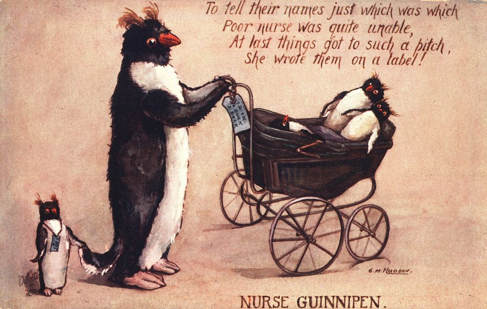 Nurse Guinnipen. Postcard featuring a color illustration of an adult-nurse penguin pushing a stroller with three baby…