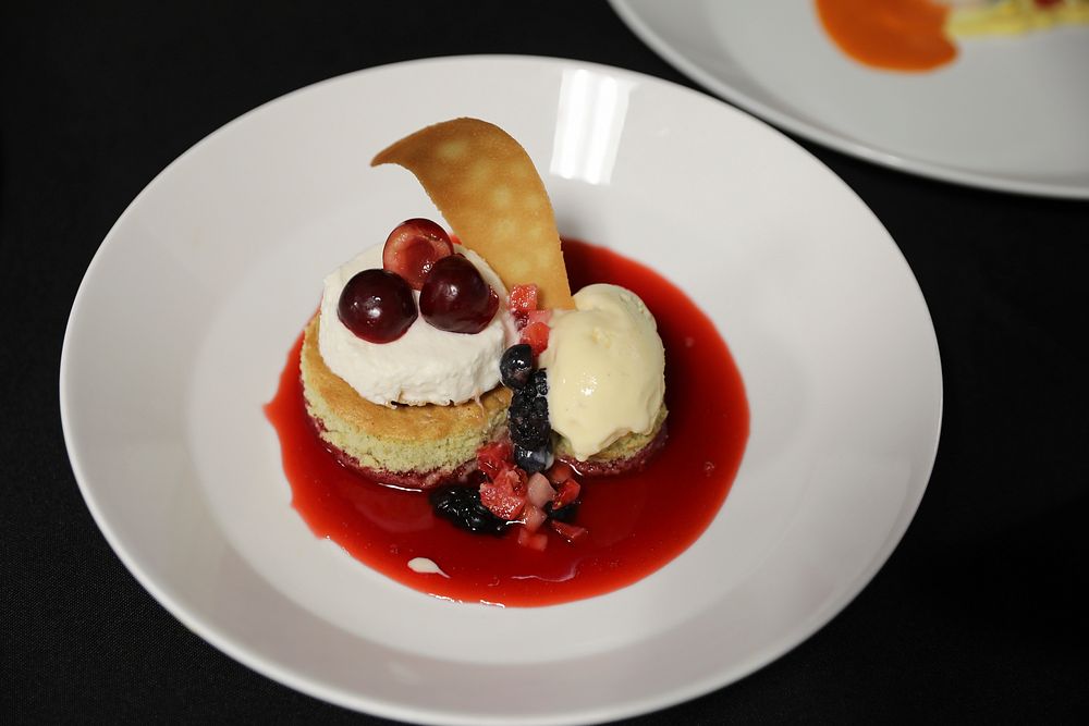 Mixed berry cake, fine dining dessert.