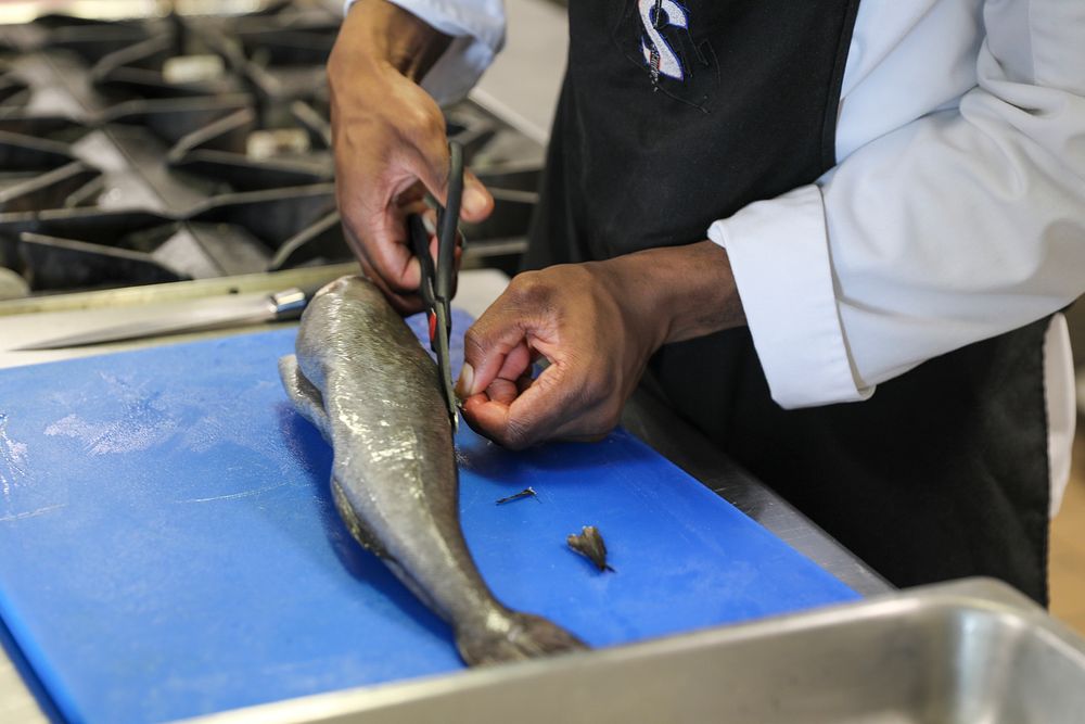 Fish cutting, meal preparation. 