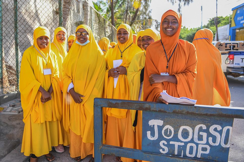 School girls from different primary schools in Mogadishu pose for a photo outside a Primary Education Certificate…