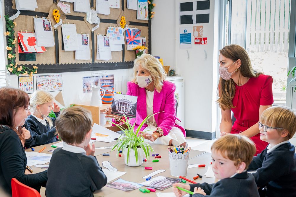 First Lady Jill Biden and Catherine, the Duchess of Cambridge, visit a classroom at Connor Downs Academy in Hayle, Cornwall…