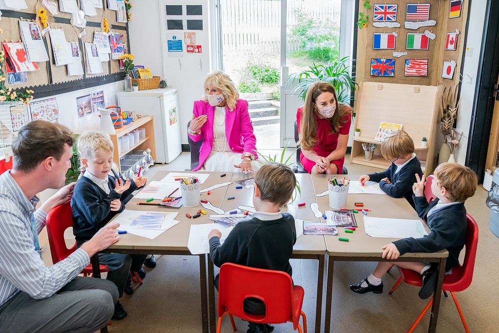 First Lady Jill Biden and Catherine, the Duchess of Cambridge, visit a classroom at Connor Downs Academy in Hayle, Cornwall…