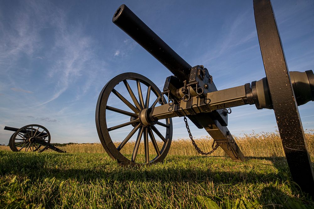 Cannons sit near the historical site of defensive positions from the first day of the Battle of Gettysburg in Gettysburg…